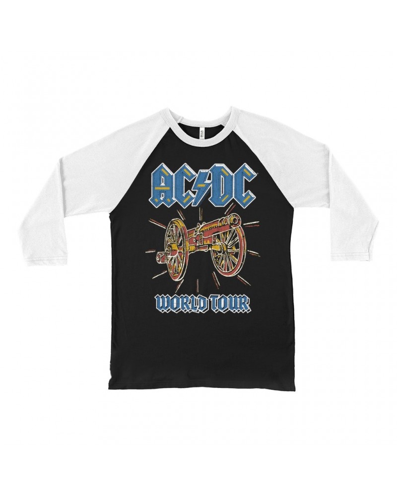 AC/DC 3/4 Sleeve Baseball Tee | World Tour For Those About To Rock Cannon Image Shirt $13.48 Shirts